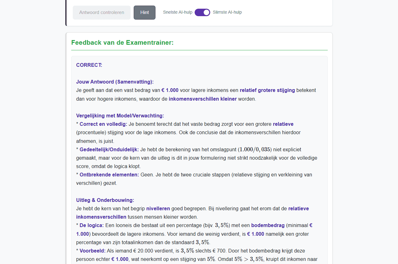 AISHA Examentrainer met feedback op een ingevuld economie-examenantwoord.