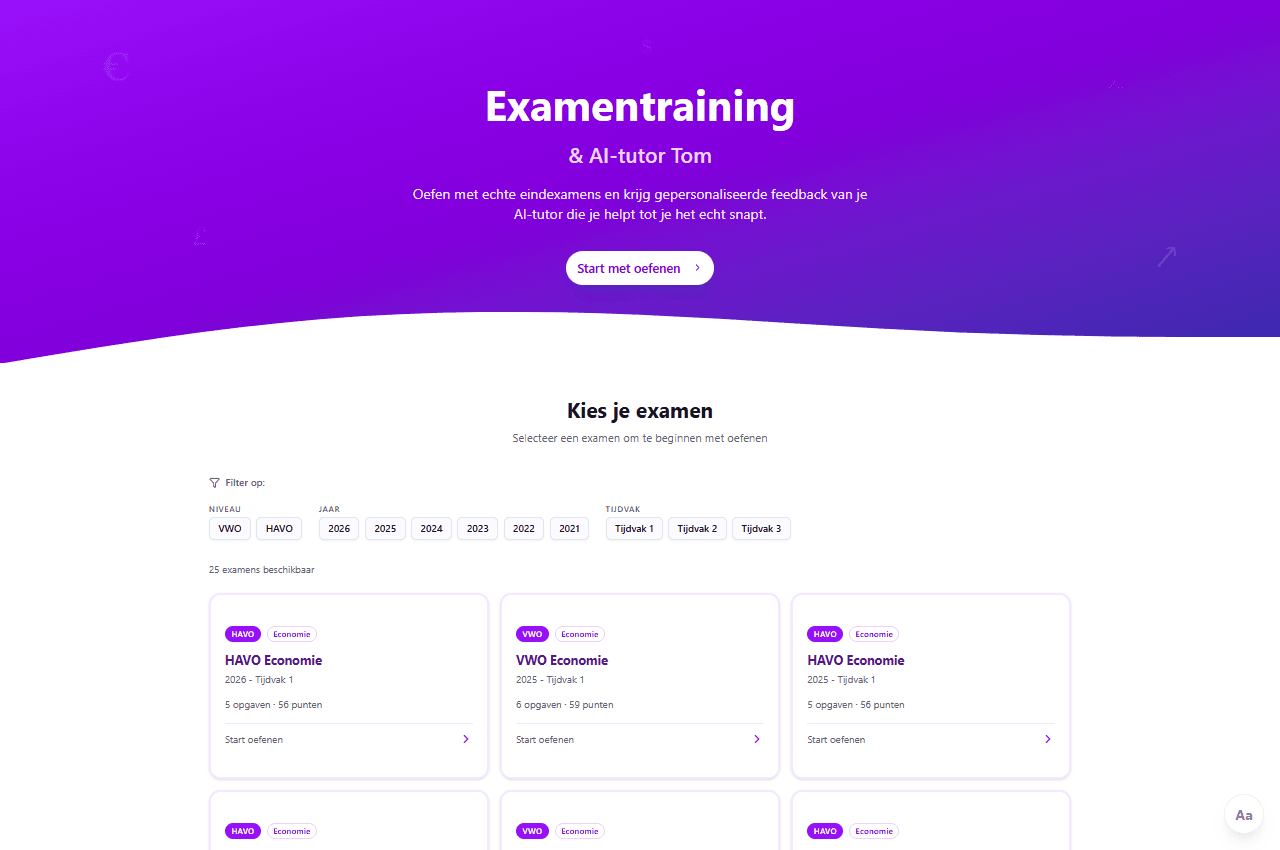Overzicht van Economie Examentraining met examenfilters en examenkaarten.