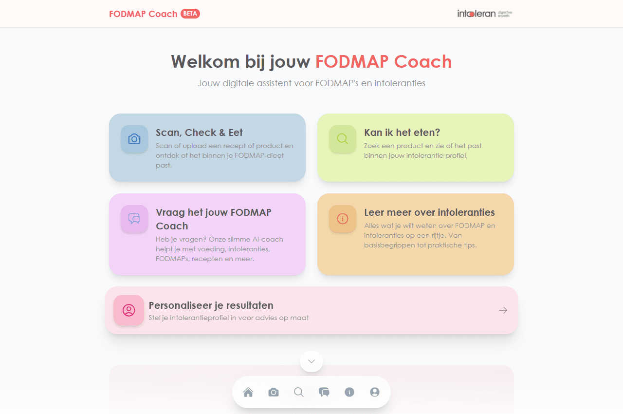 Startscherm van de Intoleran FODMAP Coach met opties voor productcheck, receptscan en AI-coach.