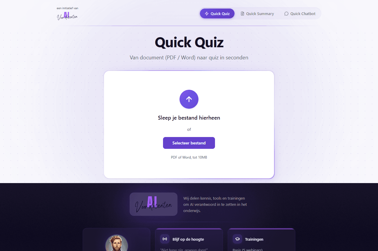 Startscherm van Quick Quiz met een uploadvak voor bestanden.