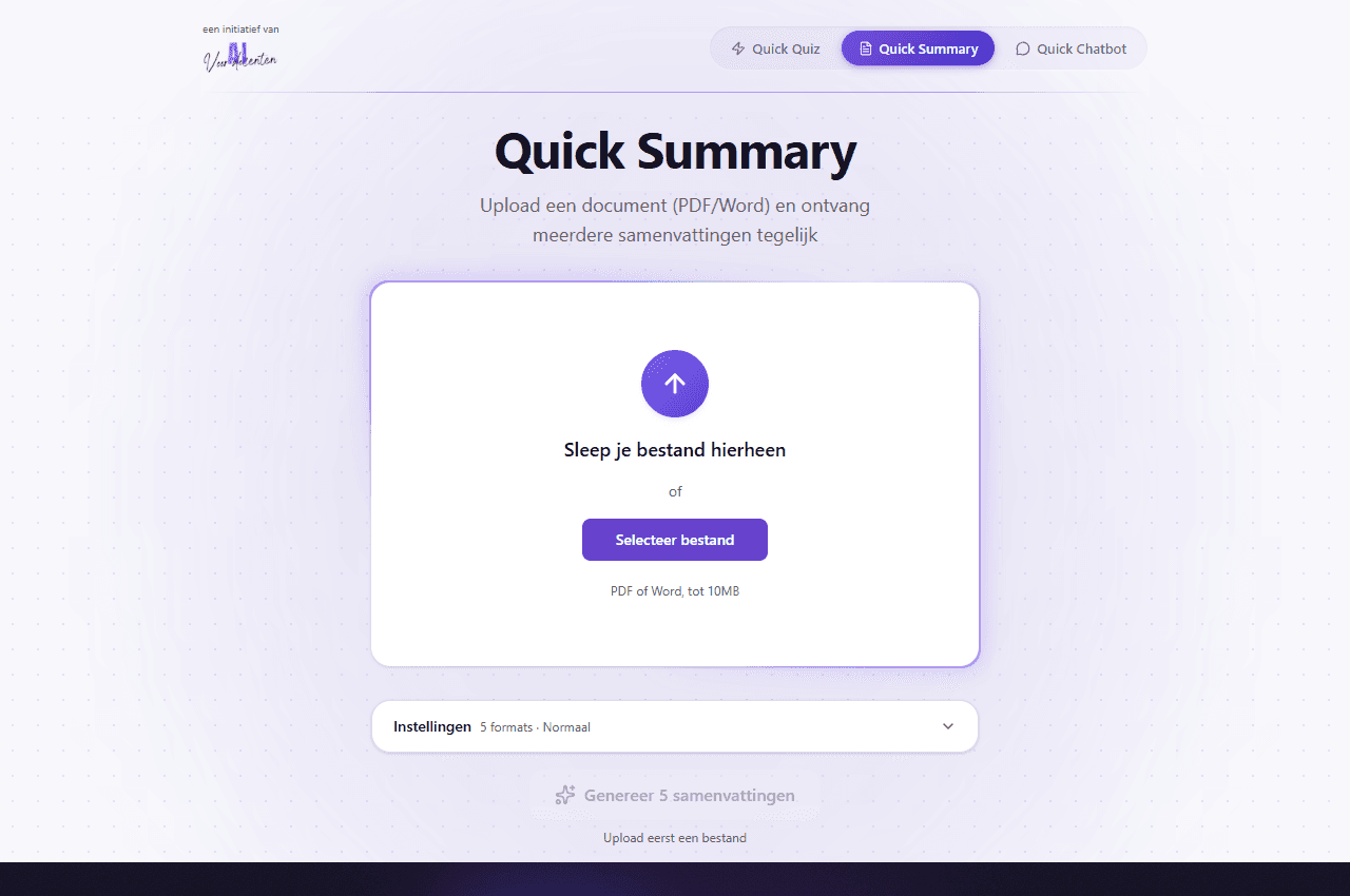 Startscherm van Quick Summary met een uploadvak voor bestanden.