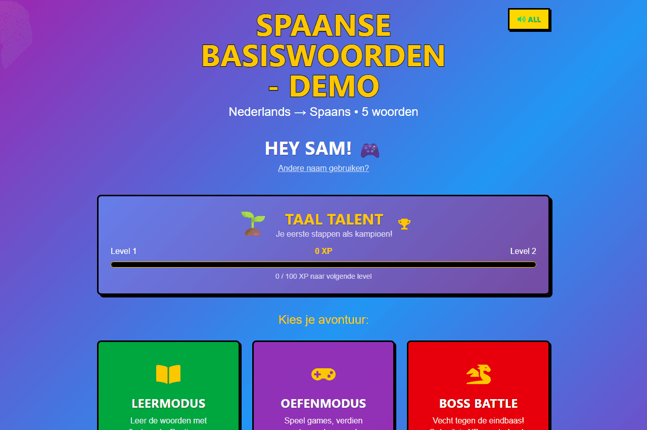 Leerlingomgeving van Taalkampioen met leermodus, oefenmodus en boss battle.