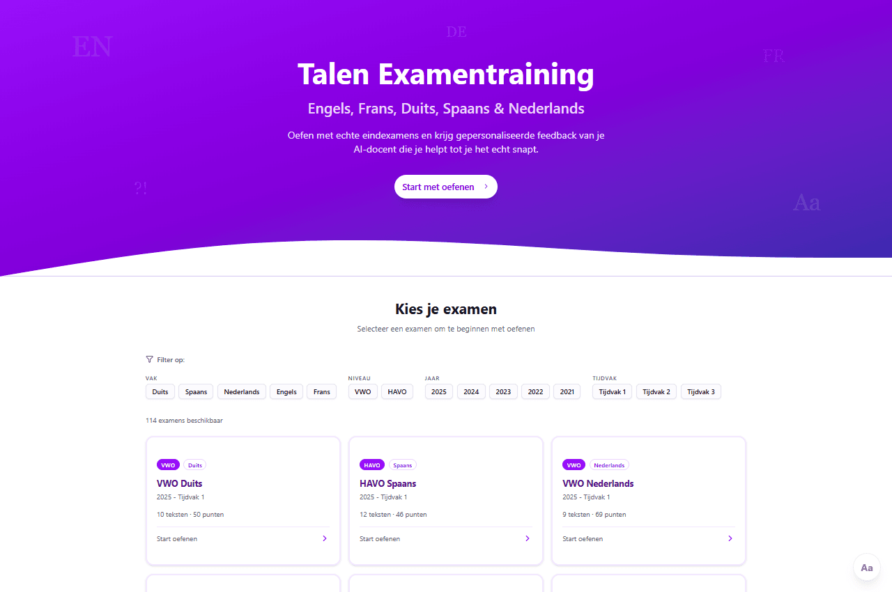 Overzicht van Talen Examentraining met filters voor vak, niveau, jaar en tijdvak.