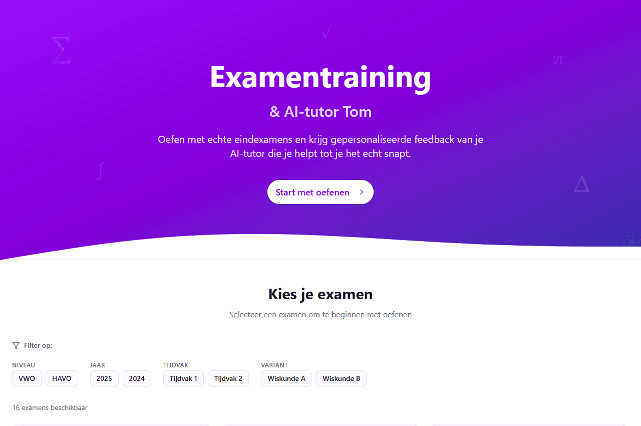 Overzicht van Wiskunde Examentraining met filters voor niveau, jaar, tijdvak en wiskundevariant.